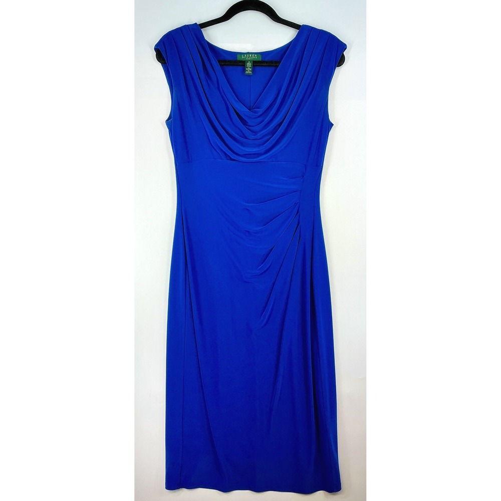 Ralph Lauren Royal Blue Cowl Neck Ruched Sheath Dress Size 8 Sleeveless